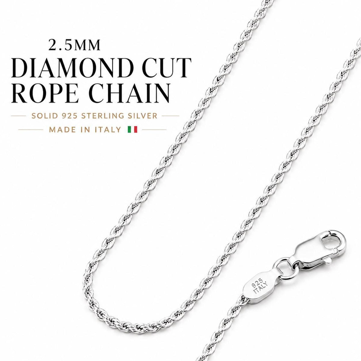 2.5MM Solid 925 Sterling Silver Italian Diamond Cut Rope Chain Necklace / Bracelet, Made in Italy 7 - 36 Inches, Unisex Jewelry Chain