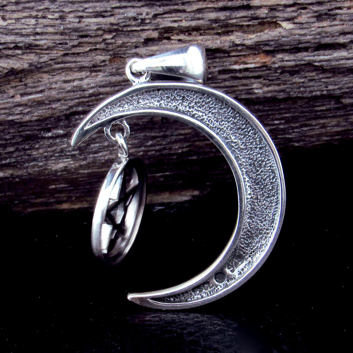 Solid 925 Silver Celtic Moon and Hanging Pentagram Pendant, Pagan Witchcraft Talisman Jewelry