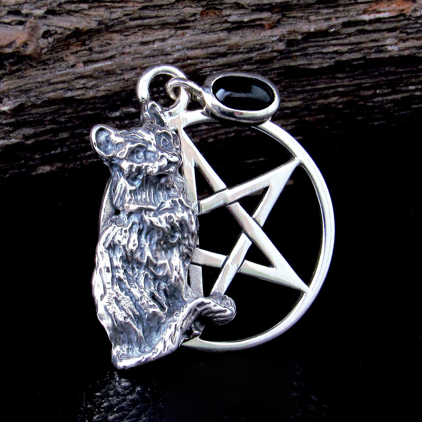 Solid 925 Sterling Silver Cat Familiar Pentacle Pendant With Garnet, Moonstone, Obsidian, or Peridot