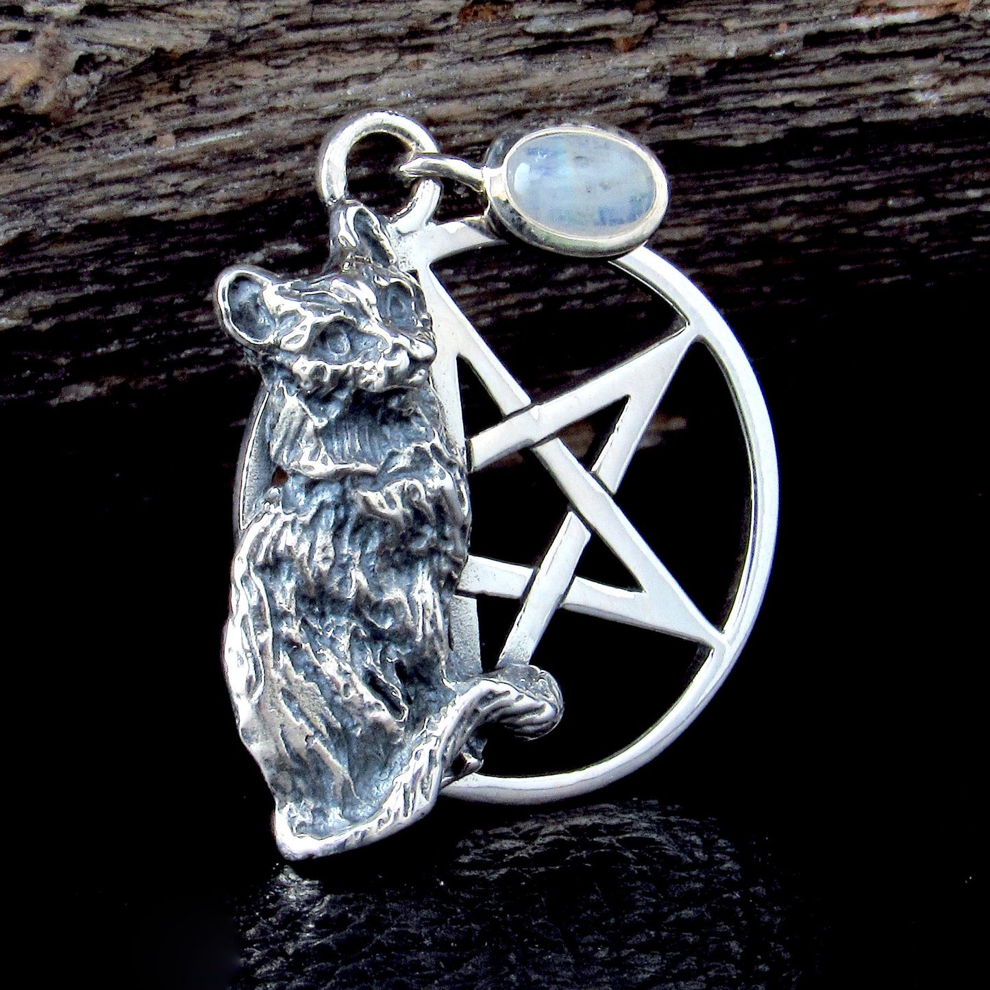 Solid 925 Sterling Silver Cat Familiar Pentacle Pendant With Garnet, Moonstone, Obsidian, or Peridot
