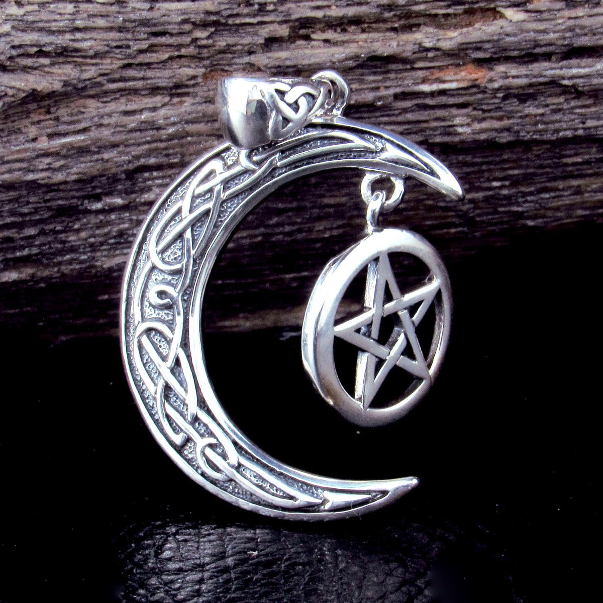 Solid 925 Silver Celtic Moon and Hanging Pentagram Pendant, Pagan Witchcraft Talisman Jewelry