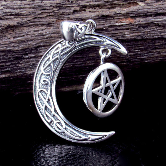 Solid 925 Silver Celtic Moon and Hanging Pentagram Pendant, Pagan Witchcraft Talisman Jewelry