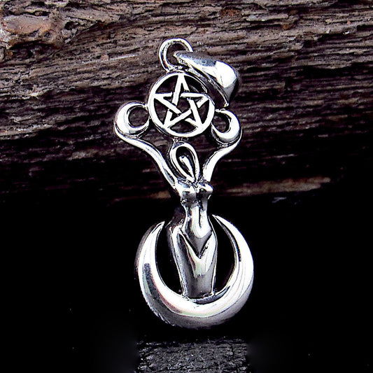 Solid 925 Silver Triple Moon Goddess Pendant, Wiccan Amulet, Pentagram Talisman, Pagan Jewelry