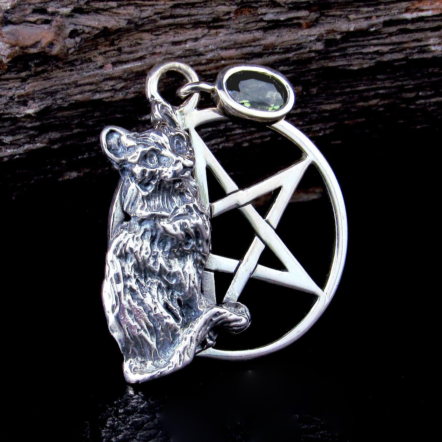 Solid 925 Sterling Silver Cat Familiar Pentacle Pendant With Garnet, Moonstone, Obsidian, or Peridot