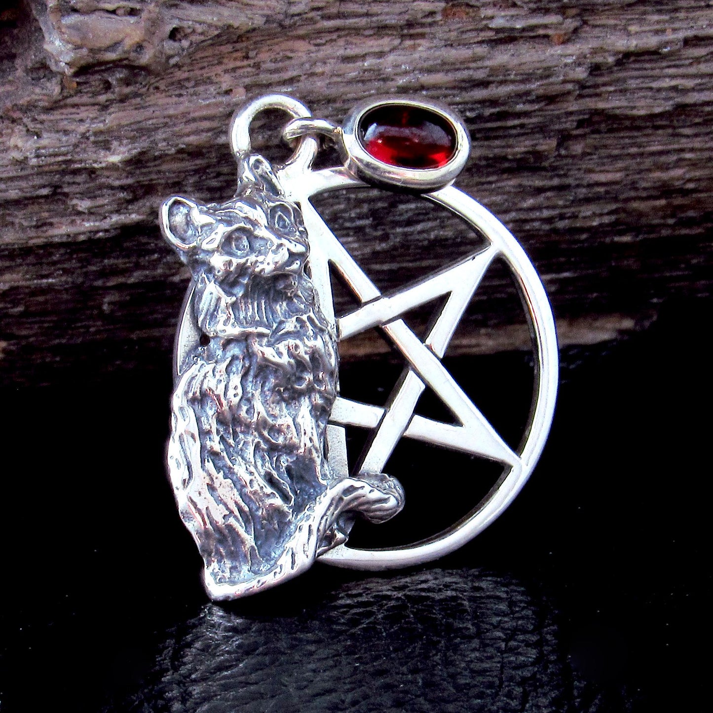 Solid 925 Sterling Silver Cat Familiar Pentacle Pendant With Garnet, Moonstone, Obsidian, or Peridot