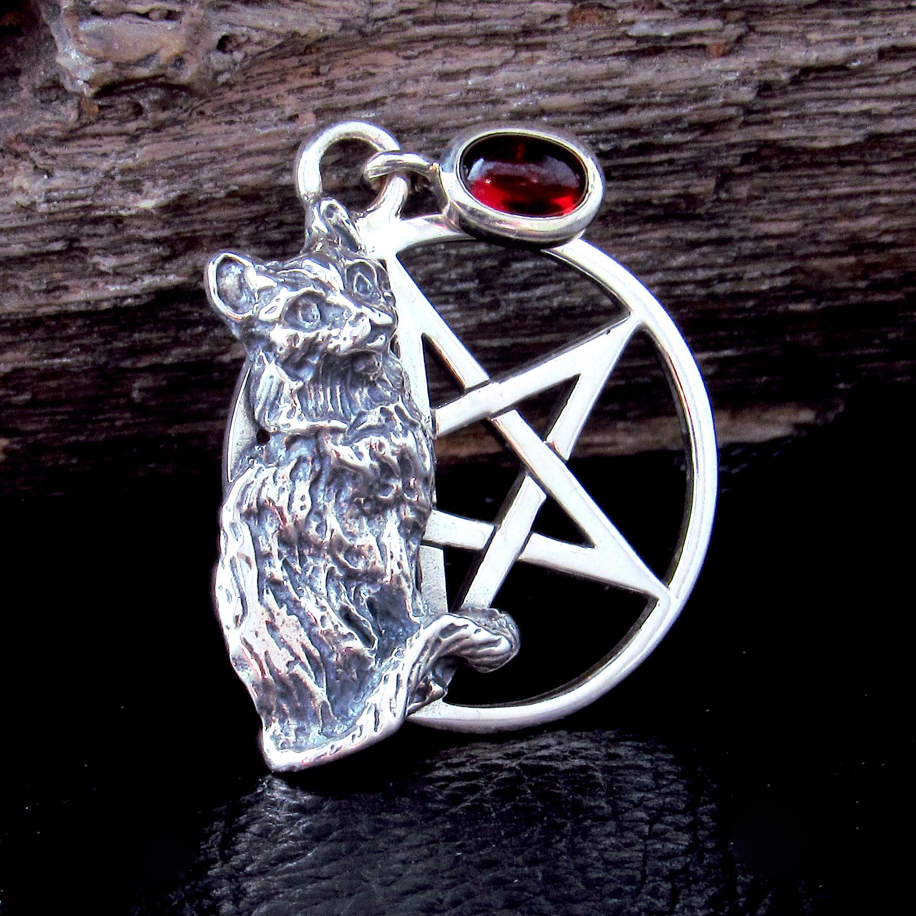 Solid 925 Sterling Silver Cat Familiar Pentacle Pendant With Garnet, Moonstone, Obsidian, or Peridot