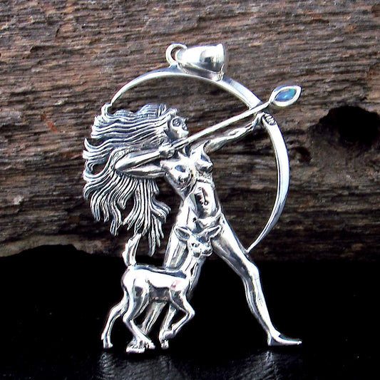 Solid 925 Sterling Silver Diana Goddess Pendant – Oberon Zell Moon Huntress Jewelry