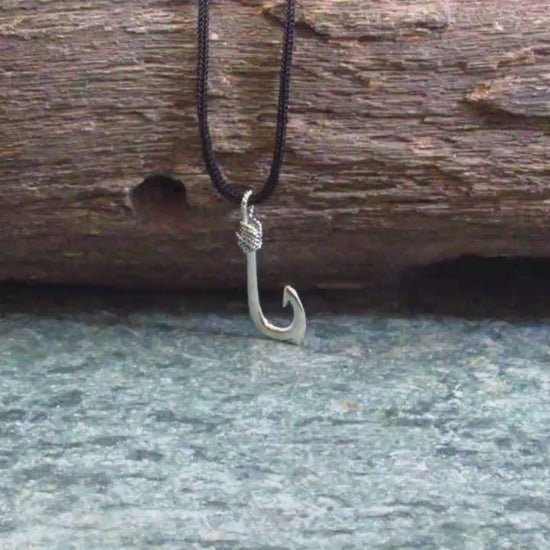 925 Fish Hook Pendant Necklace, Solid Sterling Silver Unisex Hawaiian Style Nautical Fishing Jewelry