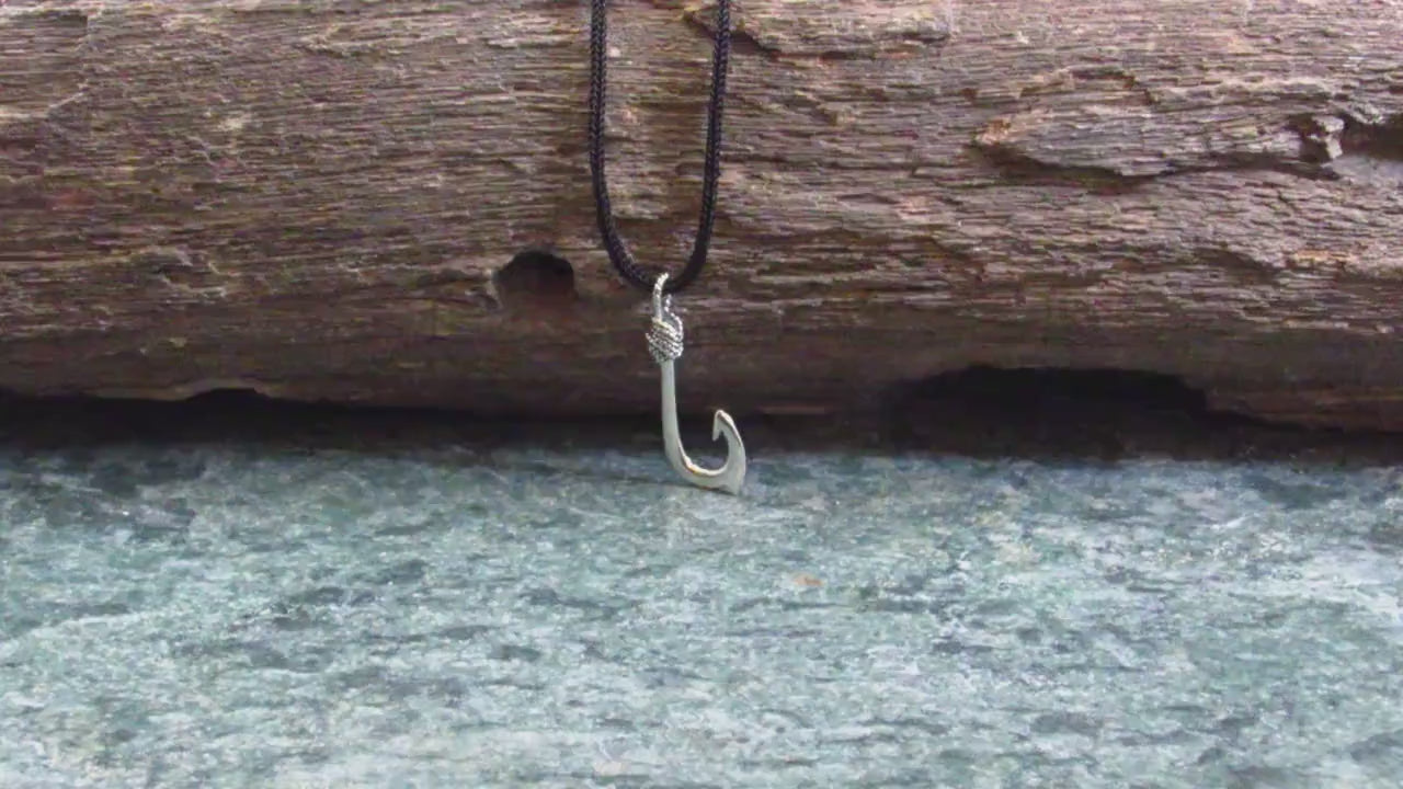 925 Fish Hook Pendant Necklace, Solid Sterling Silver Unisex Hawaiian Style Nautical Fishing Jewelry