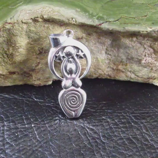 Solid 925 Sterling Silver Spiral Goddess Pendant – Moon & Stars Feminine Amulet