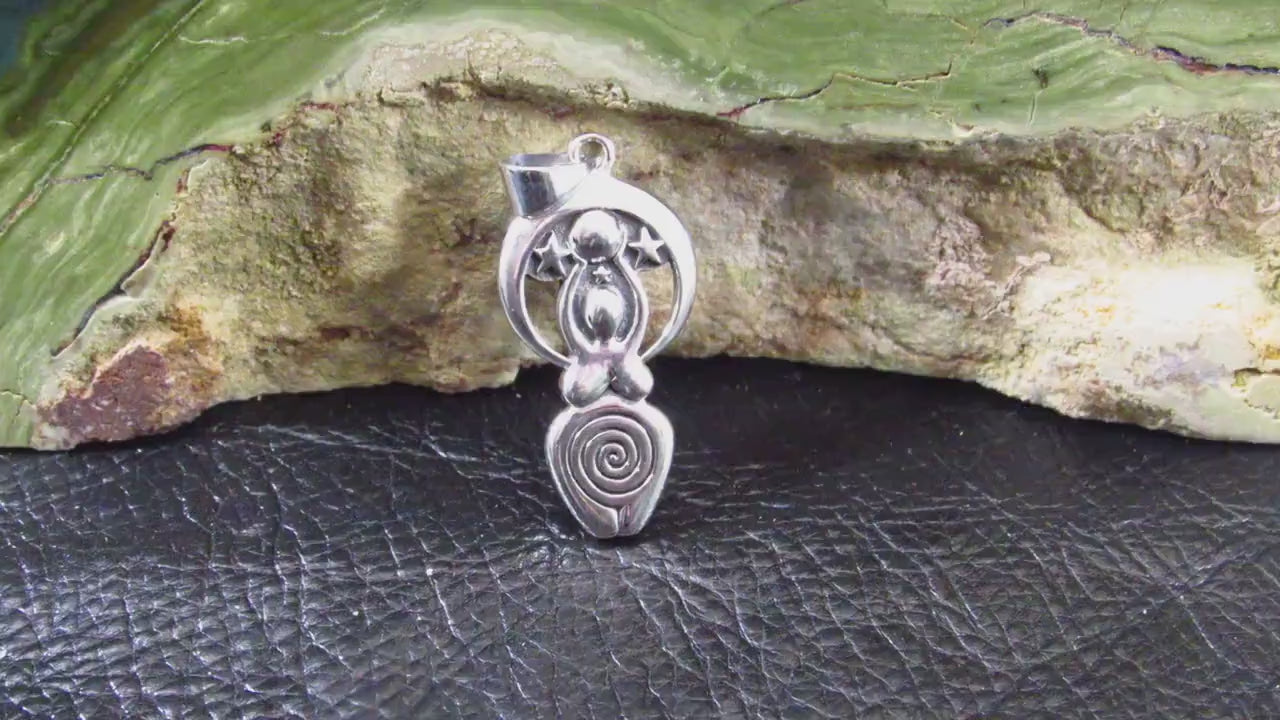 Solid 925 Sterling Silver Spiral Goddess Pendant – Moon & Stars Feminine Amulet