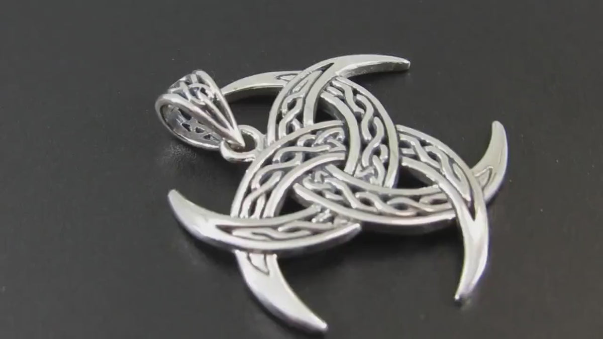 Solid 925 Sterling Silver Celtic Trinity Moons Pendant, Celtic Knots on Triple Crescent Moon Amulet, Viking Shield Jewelry