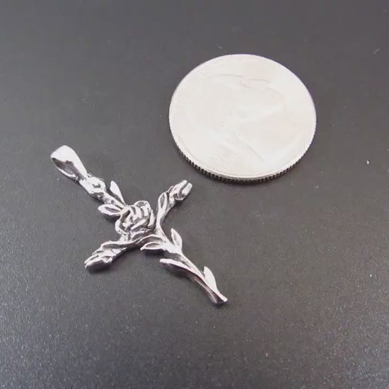 Solid 925 Sterling Silver Rose Cross Slide Pendant - Floral Crucifix Necklace Charm, Christian Faith Jewelry, Religious Gift for Women
