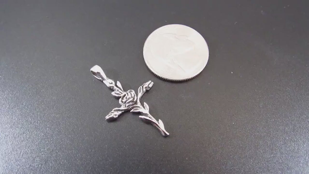 Solid 925 Sterling Silver Rose Cross Slide Pendant - Floral Crucifix Necklace Charm, Christian Faith Jewelry, Religious Gift for Women
