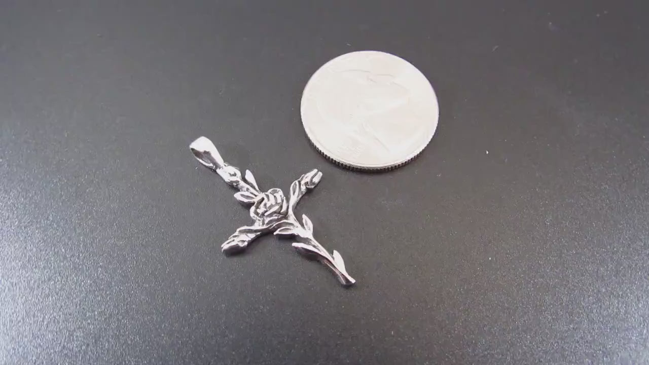 Solid 925 Sterling Silver Rose Cross Slide Pendant - Floral Crucifix Necklace Charm, Christian Faith Jewelry, Religious Gift for Women
